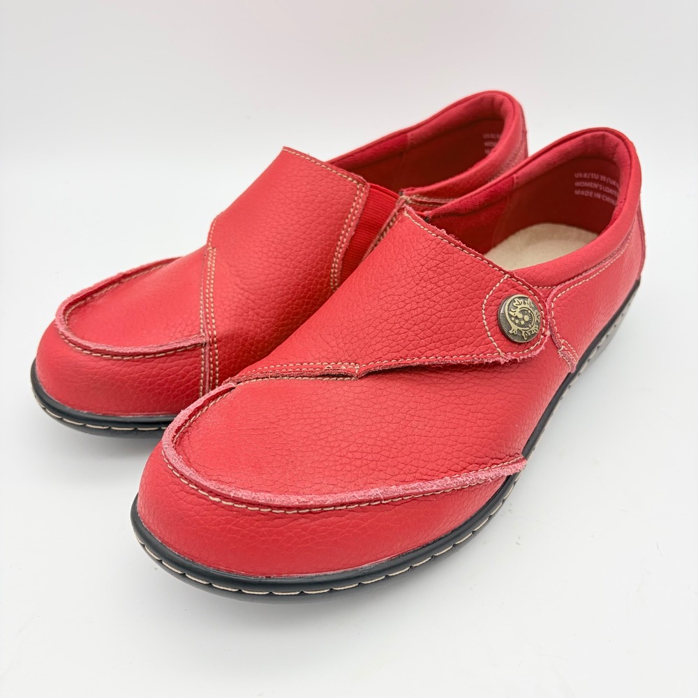 Geoeleph Red Pebbled Leather Button Slip On Comfort Loafers Womens 8 EU 39